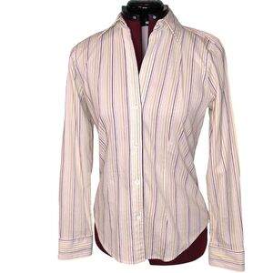 Pinstripe button cuff long sleeve tapered waist point collar button down blouse